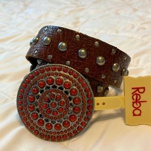Reba Leather Western Style Belt with Metal and Stone Buckle Size S